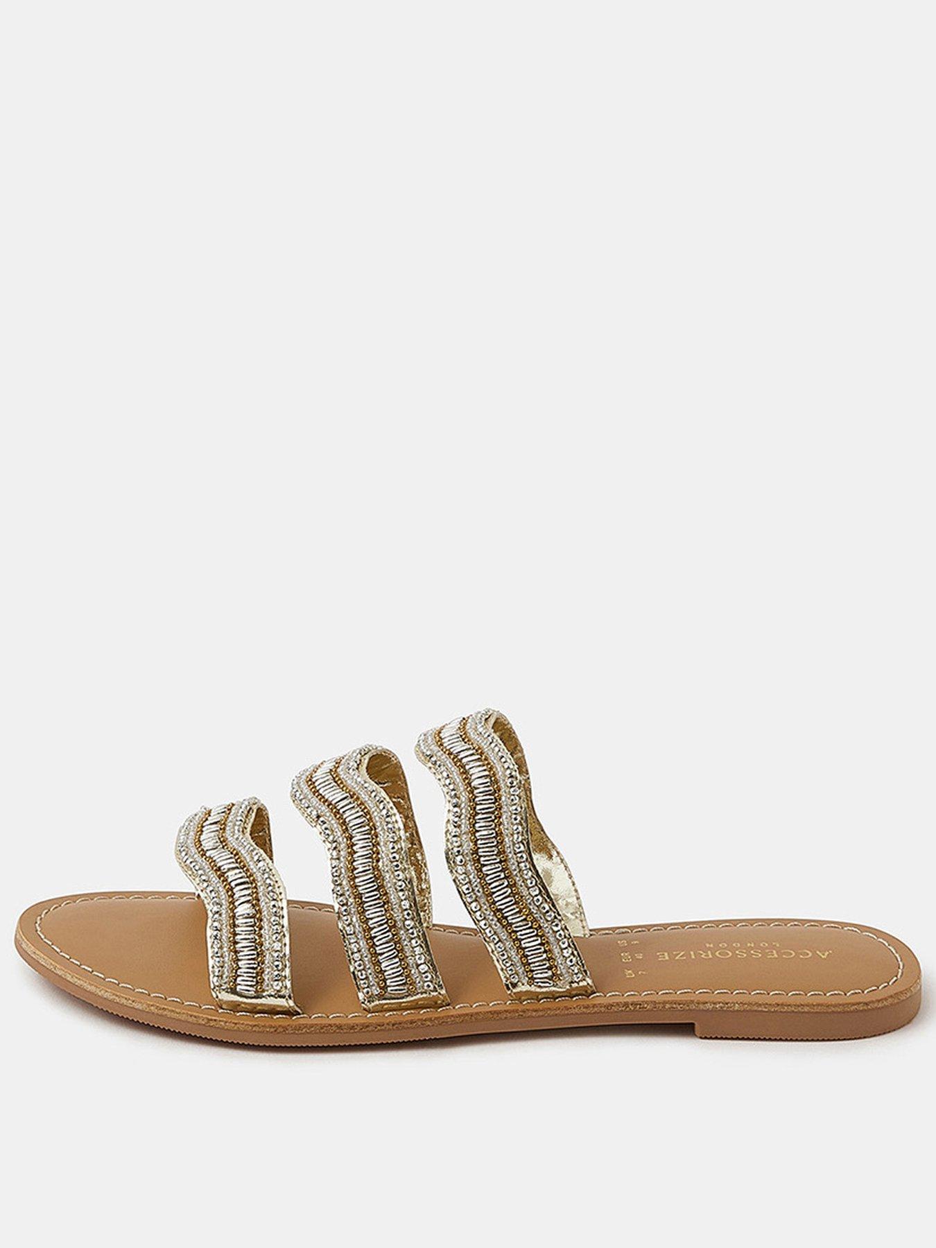 Accessorize Beaded Triple Strap Sandals - Gold