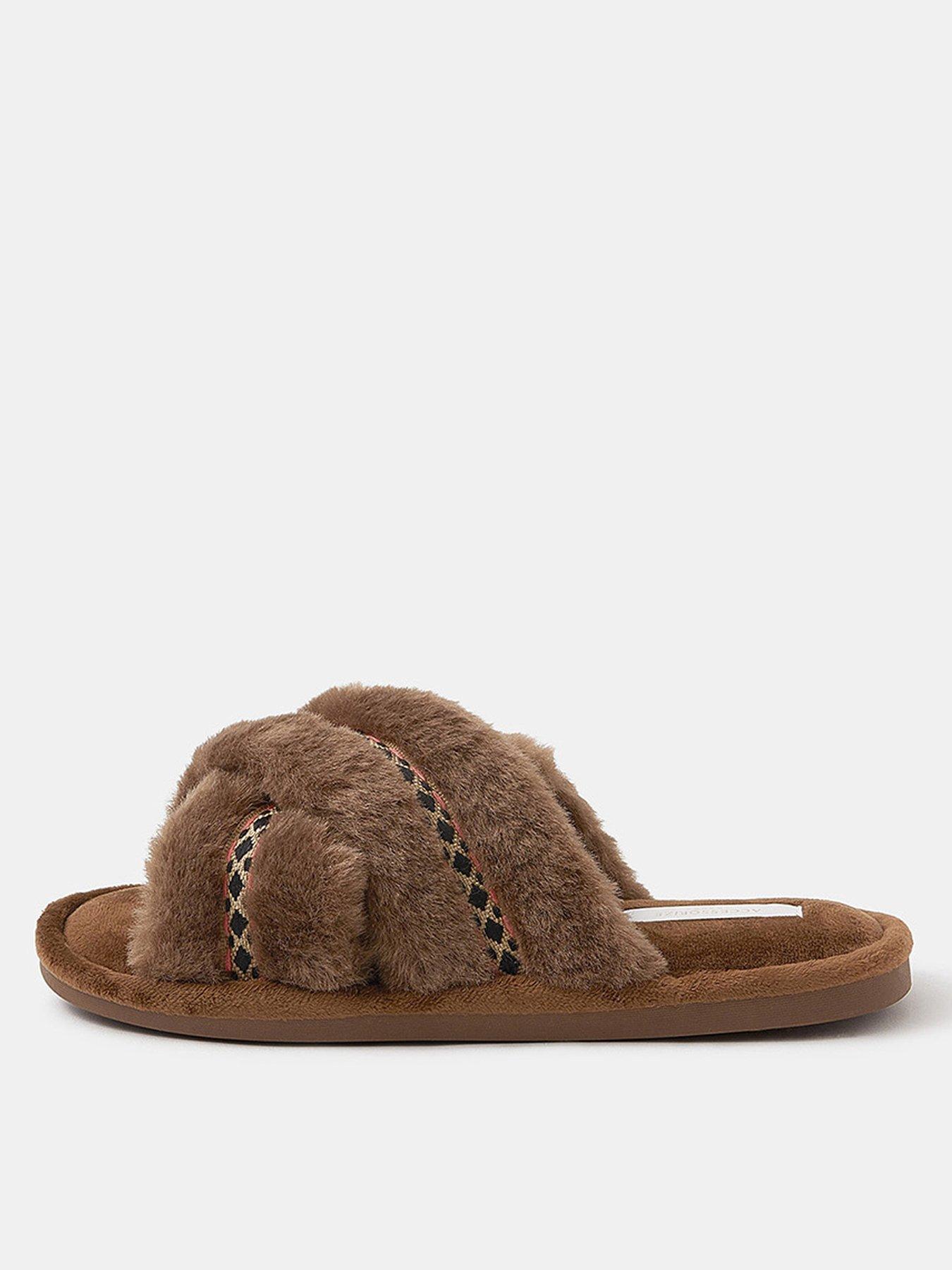 Image 1 of 3 of Accessorize Fluffy Braid Crossover Slide Slippers - Brown