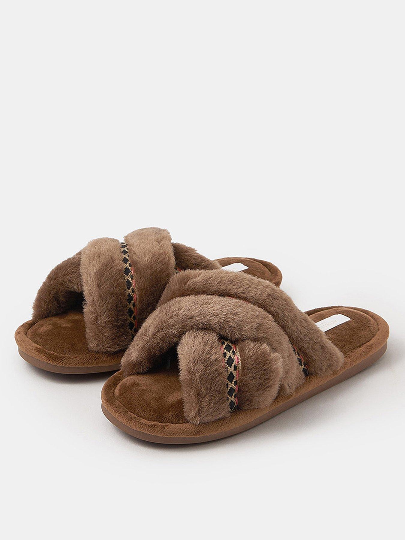 Image 2 of 3 of Accessorize Fluffy Braid Crossover Slide Slippers - Brown