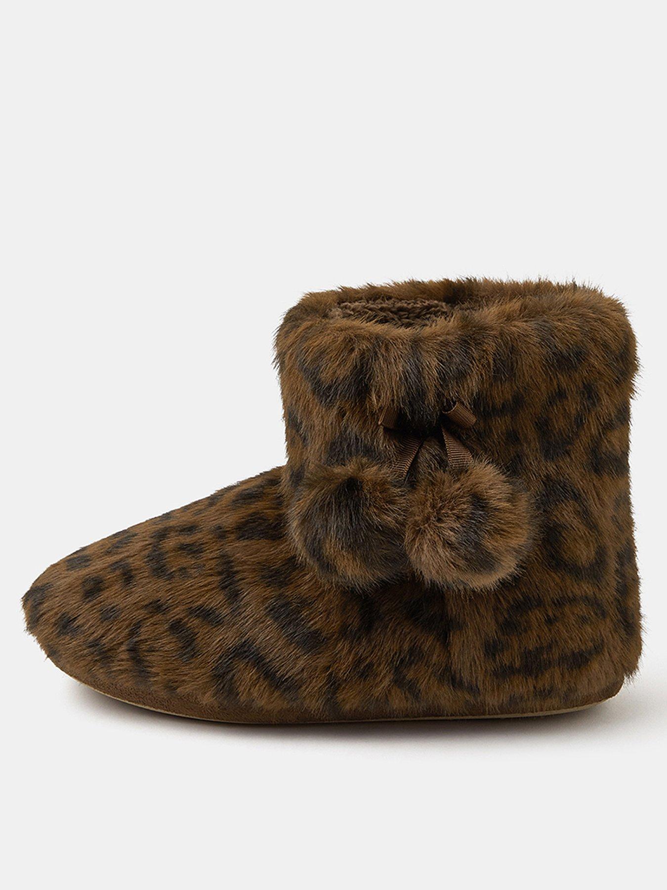 Image 1 of 4 of Accessorize Fluffy Leopard Slipper Boots - Brown