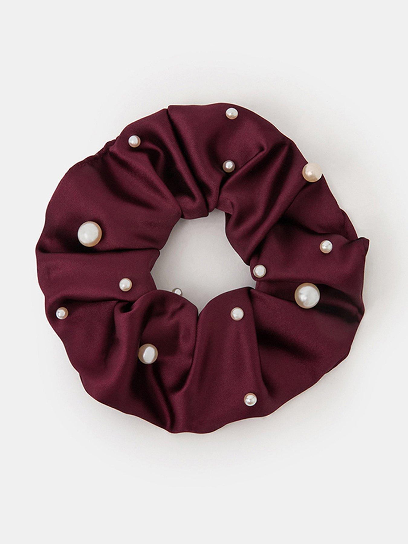 Image 1 of 3 of Accessorize Pearl Satin Scrunchie - Red