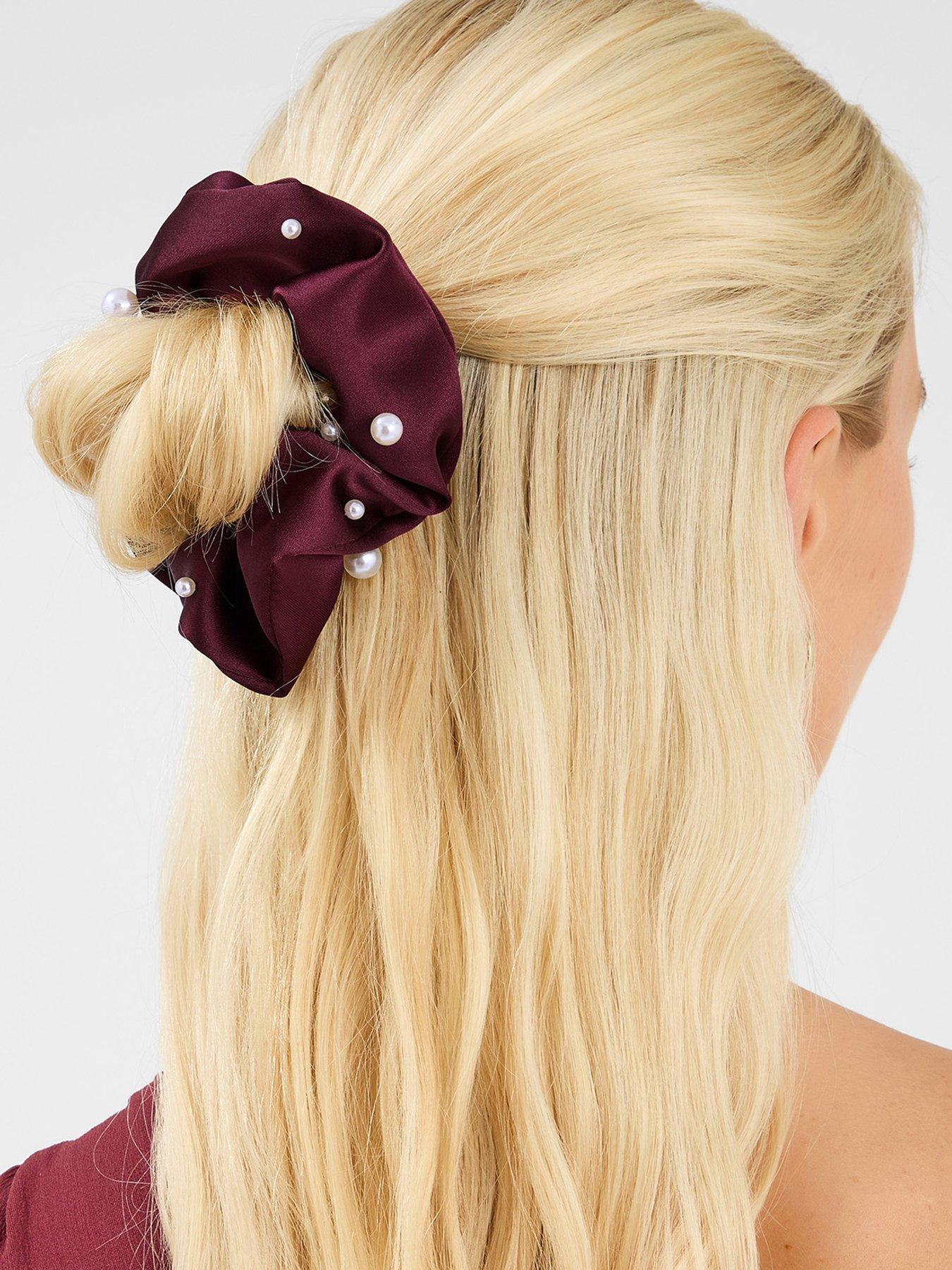 Image 2 of 3 of Accessorize Pearl Satin Scrunchie - Red