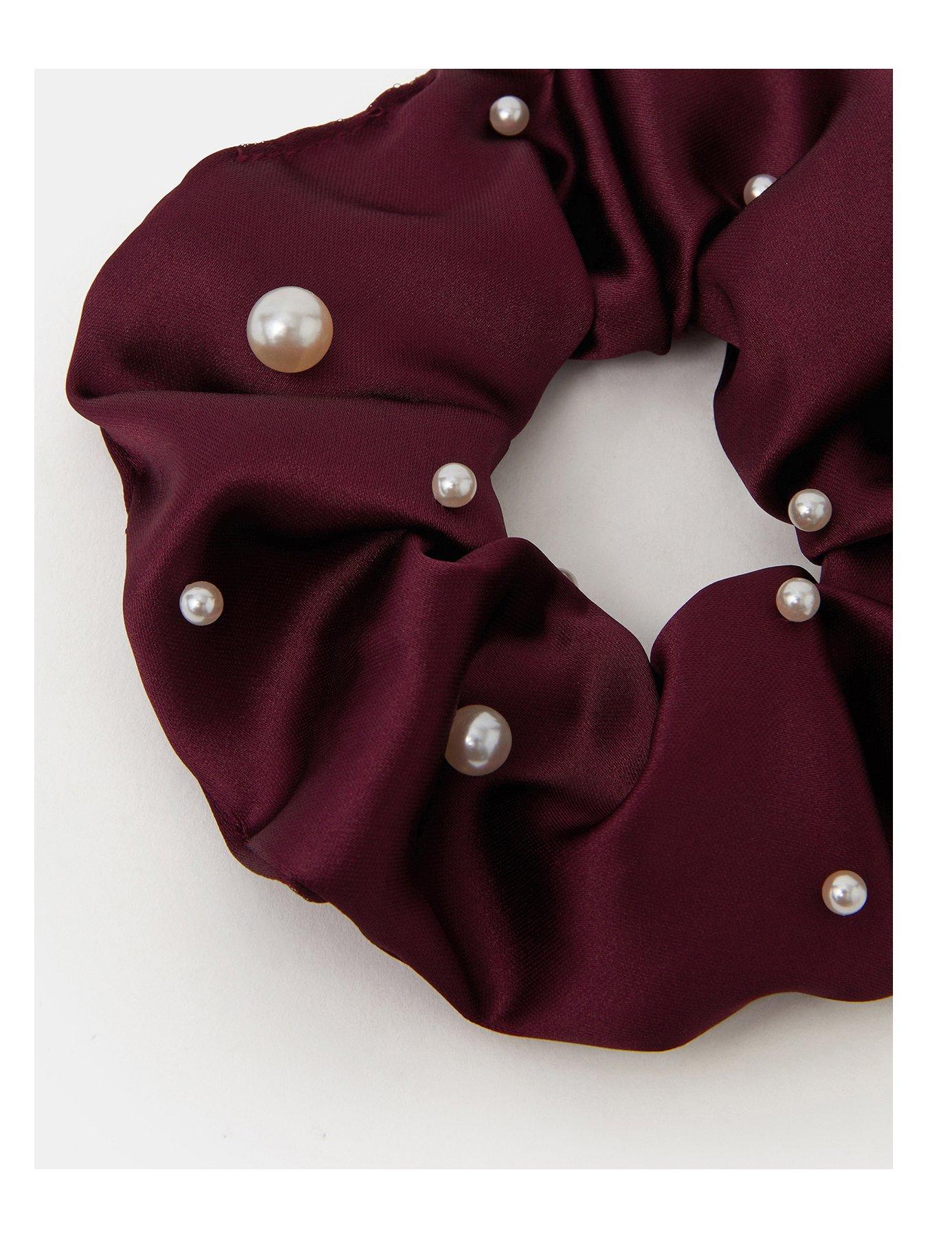 Image 3 of 3 of Accessorize Pearl Satin Scrunchie - Red