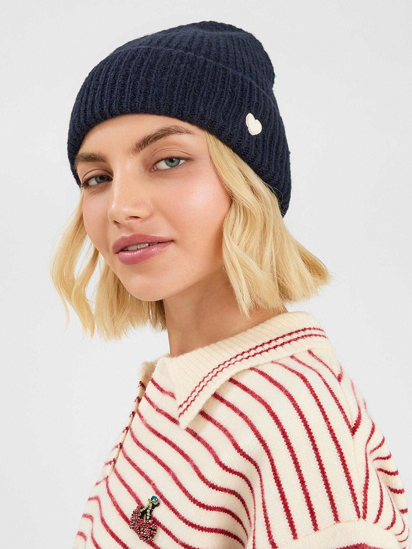 Image 2 of 3 of Accessorize Heart Ribbed Beanie Hat - Navy
