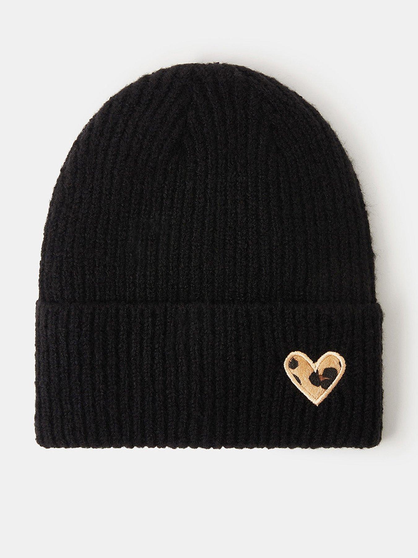 Image 1 of 3 of Accessorize Leopard Heart Beanie Hat - Black