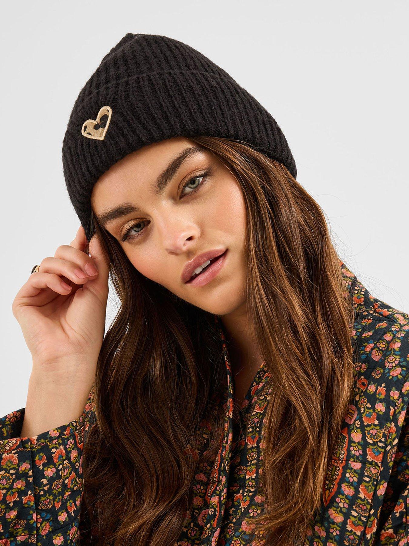 Image 2 of 3 of Accessorize Leopard Heart Beanie Hat - Black
