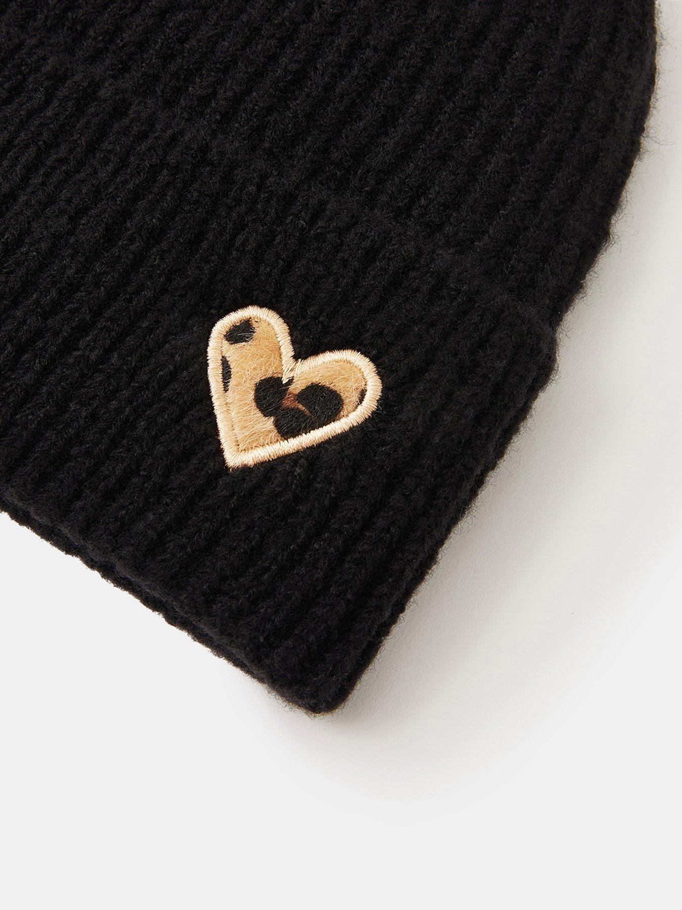 Image 3 of 3 of Accessorize Leopard Heart Beanie Hat - Black