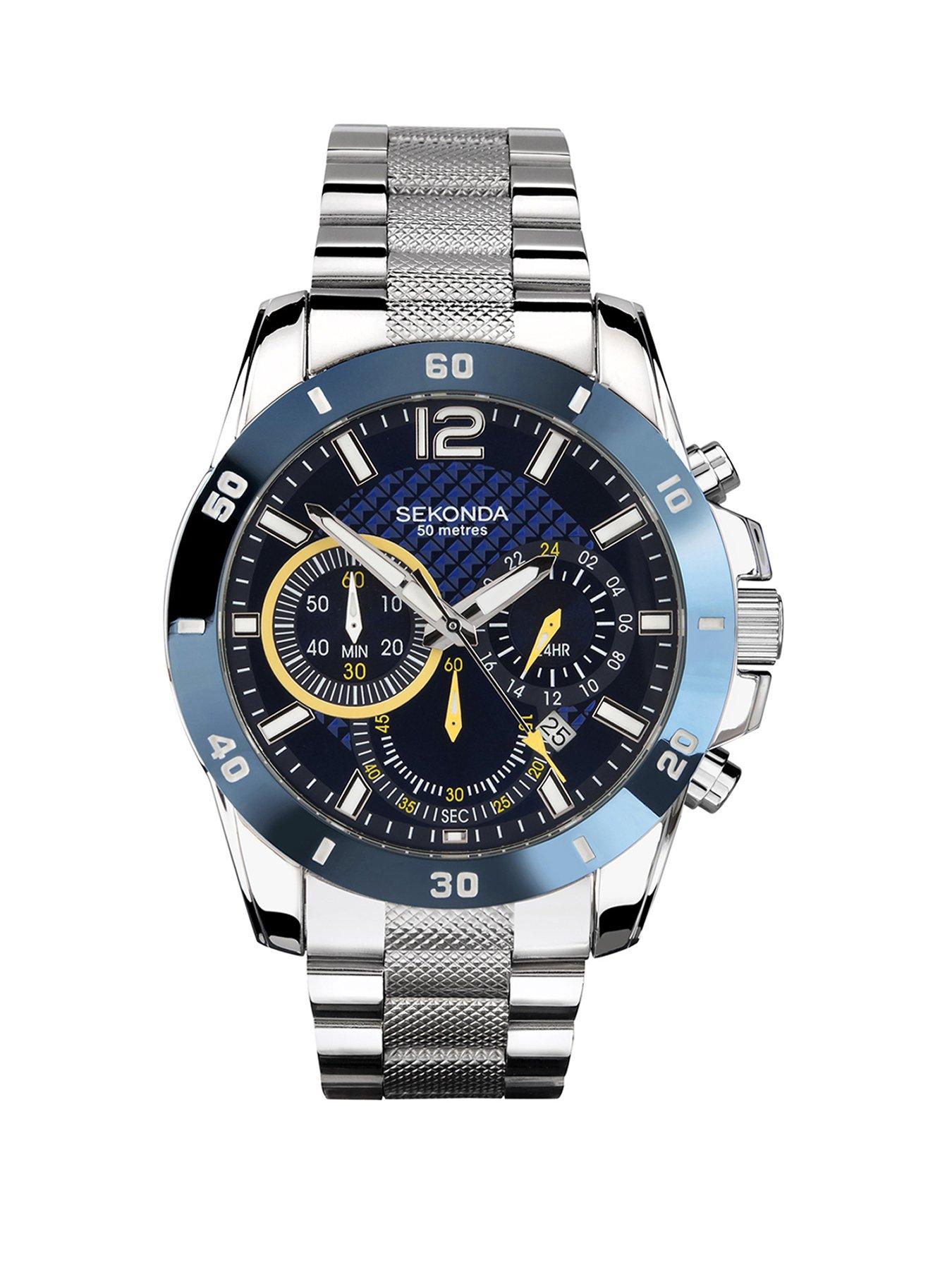 Sekonda Sekonda Mens Solo Silver Stainless Steel Bracelet with Blue Dial Chronograph Watch