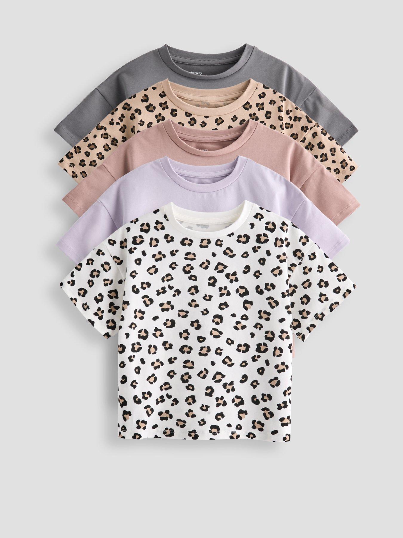The Very Collection Girls 5 Pack Short Sleeve T-Shirts - Animal Print And Plain in Multi