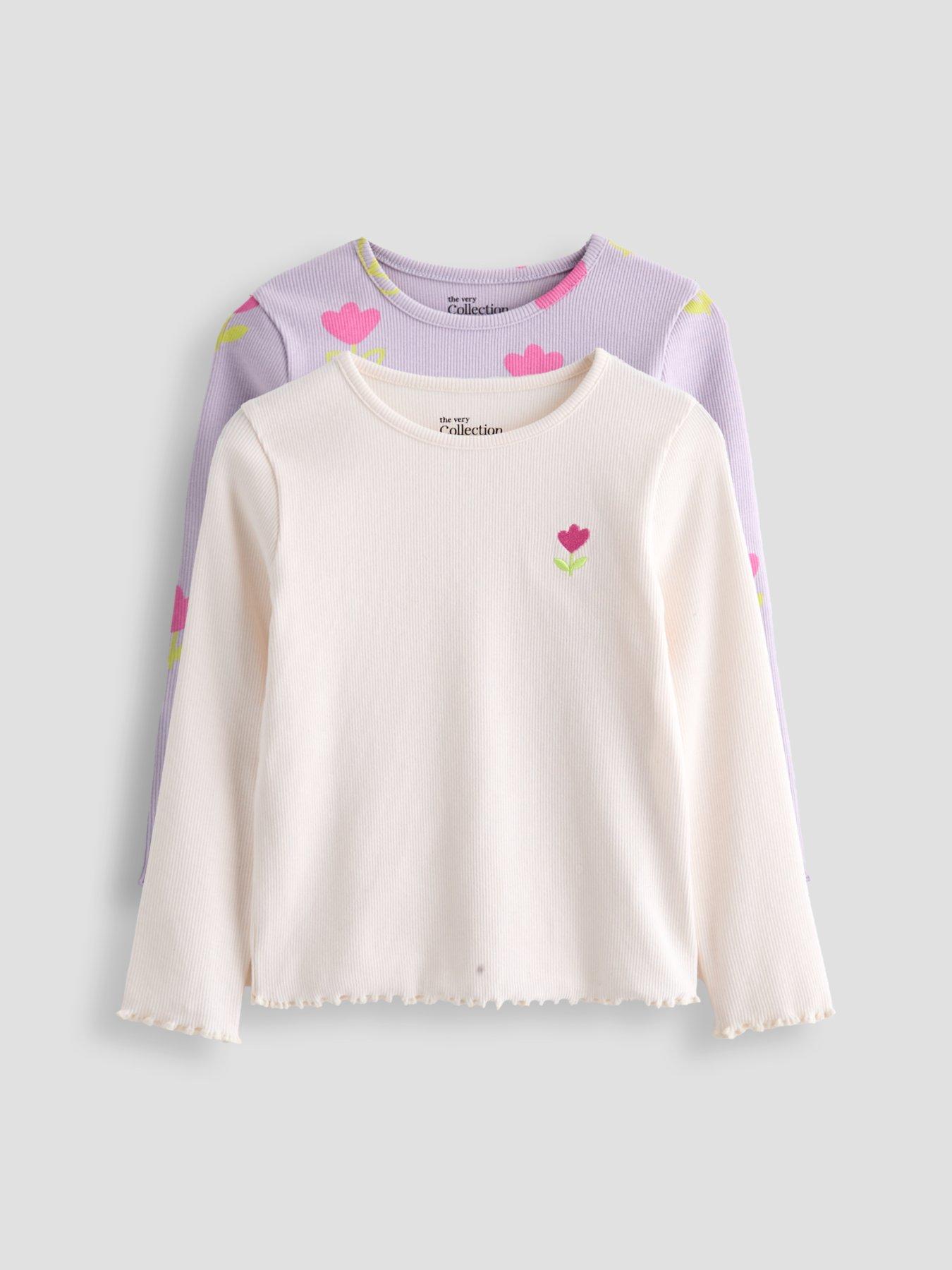 The Very Collection Girls 2 Pack Tulip Print Ribbed Long Sleeve Tops - Cream/Lilac