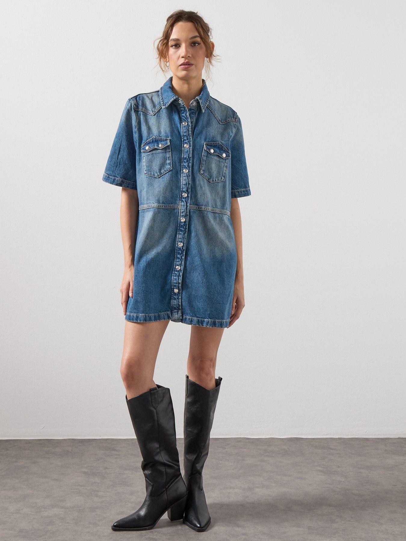 Image 3 of 6 of AllSaints Rock Denim Dress - Mid Indigo