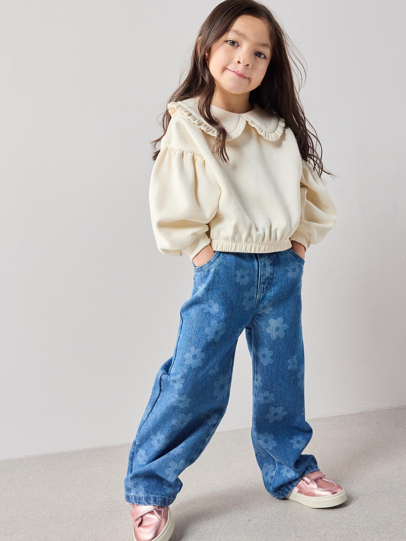 the-very-collection-girls-sweatshirt-with-frill-collar-and-floral-denim-jeans-set-mid-wash