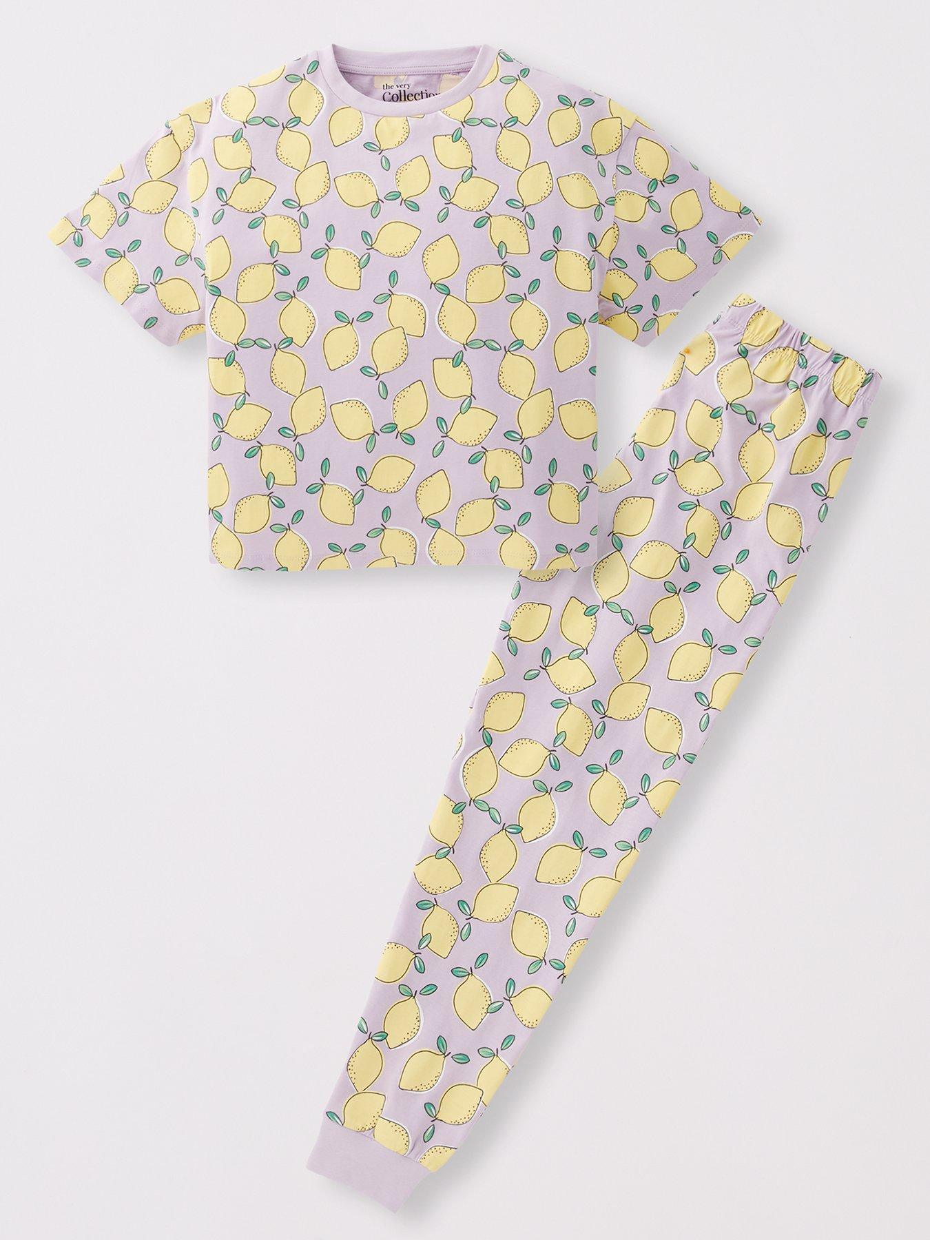 The Very Collection Girls Short Sleeve Pyjama Set with Lemon Print - Purple/Yellow