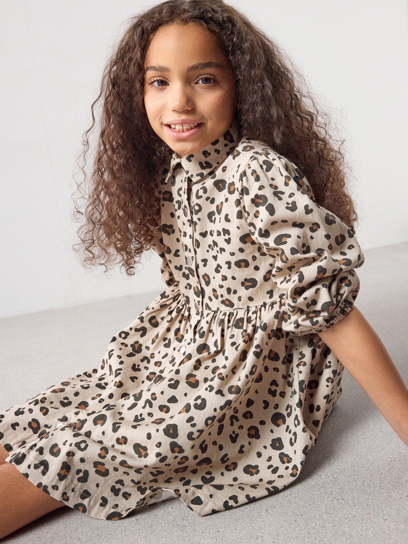 The Very Collection Girls Denim Leopard Shirt Dress - Print