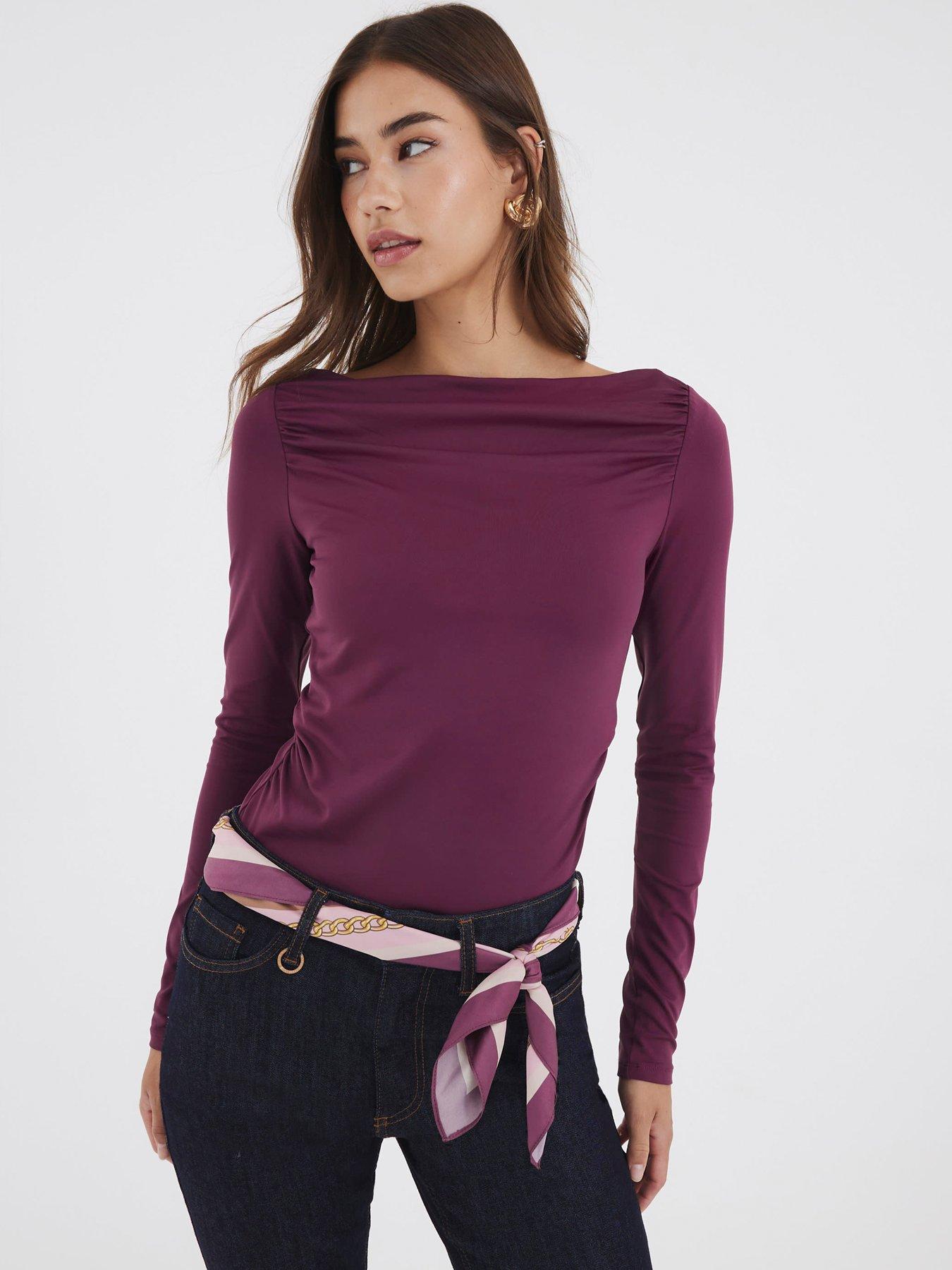 river-island-long-sleeve-polyamide-ruched-drape-top-purple