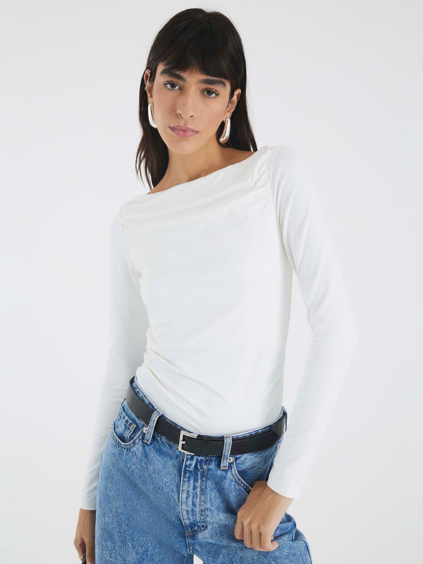 river-island-long-sleeve-polyamide-ruched-drape-top-white