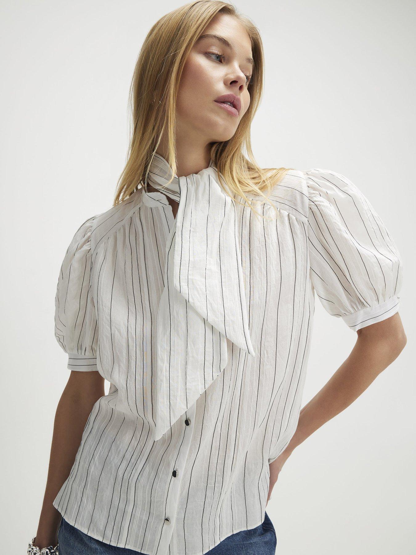 River Island Stripe Pussybow Blouse - White