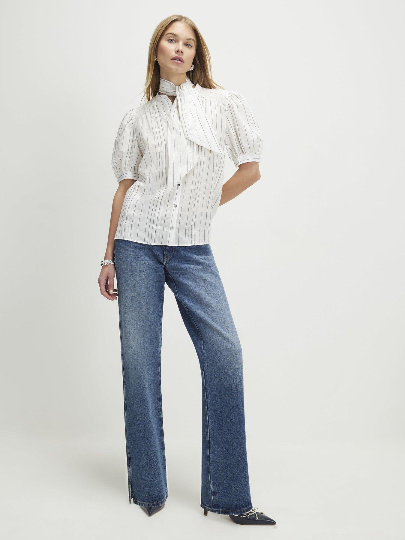Image 3 of 4 of River Island Stripe Pussybow Blouse - White