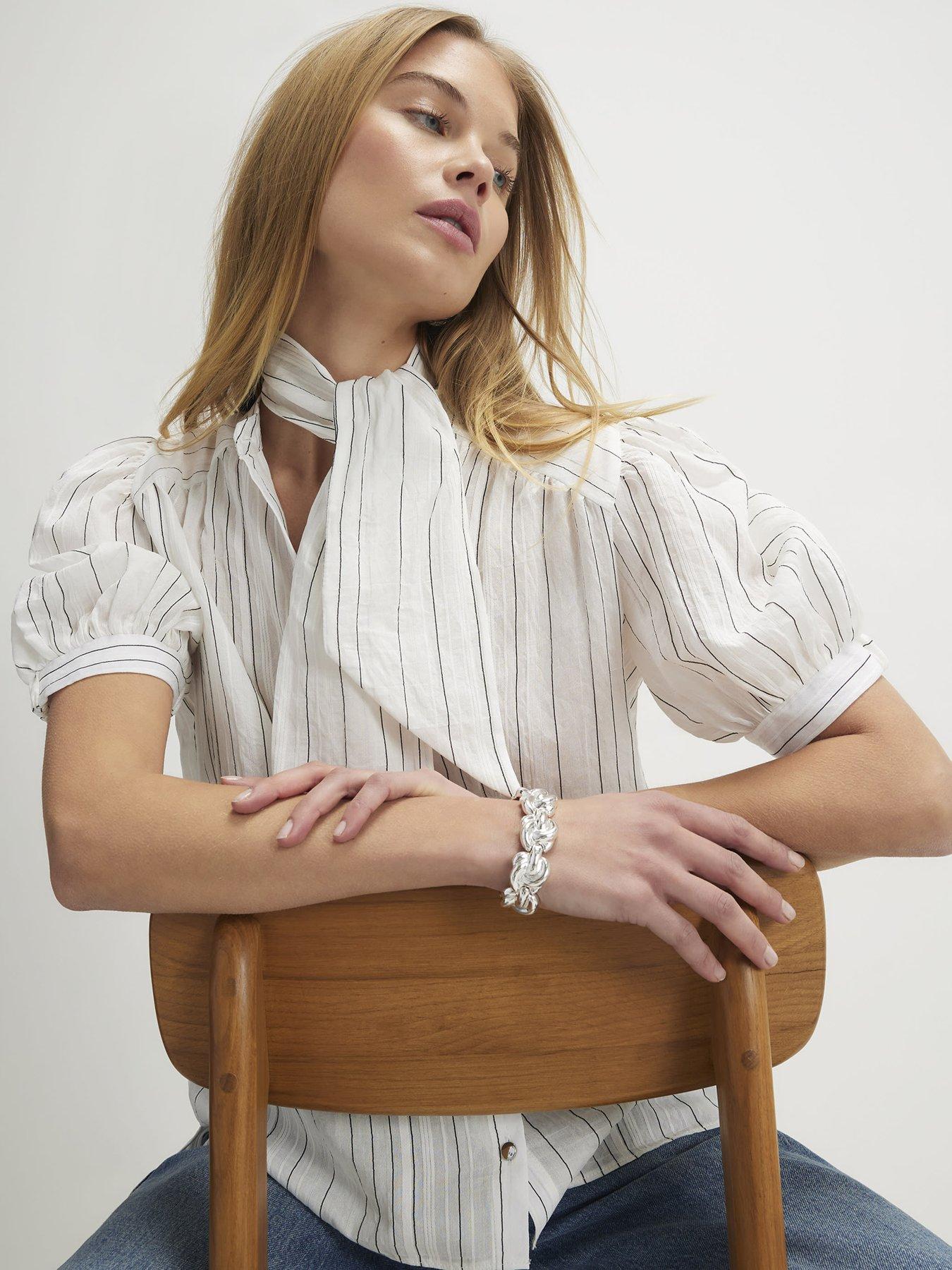 Image 4 of 4 of River Island Stripe Pussybow Blouse - White