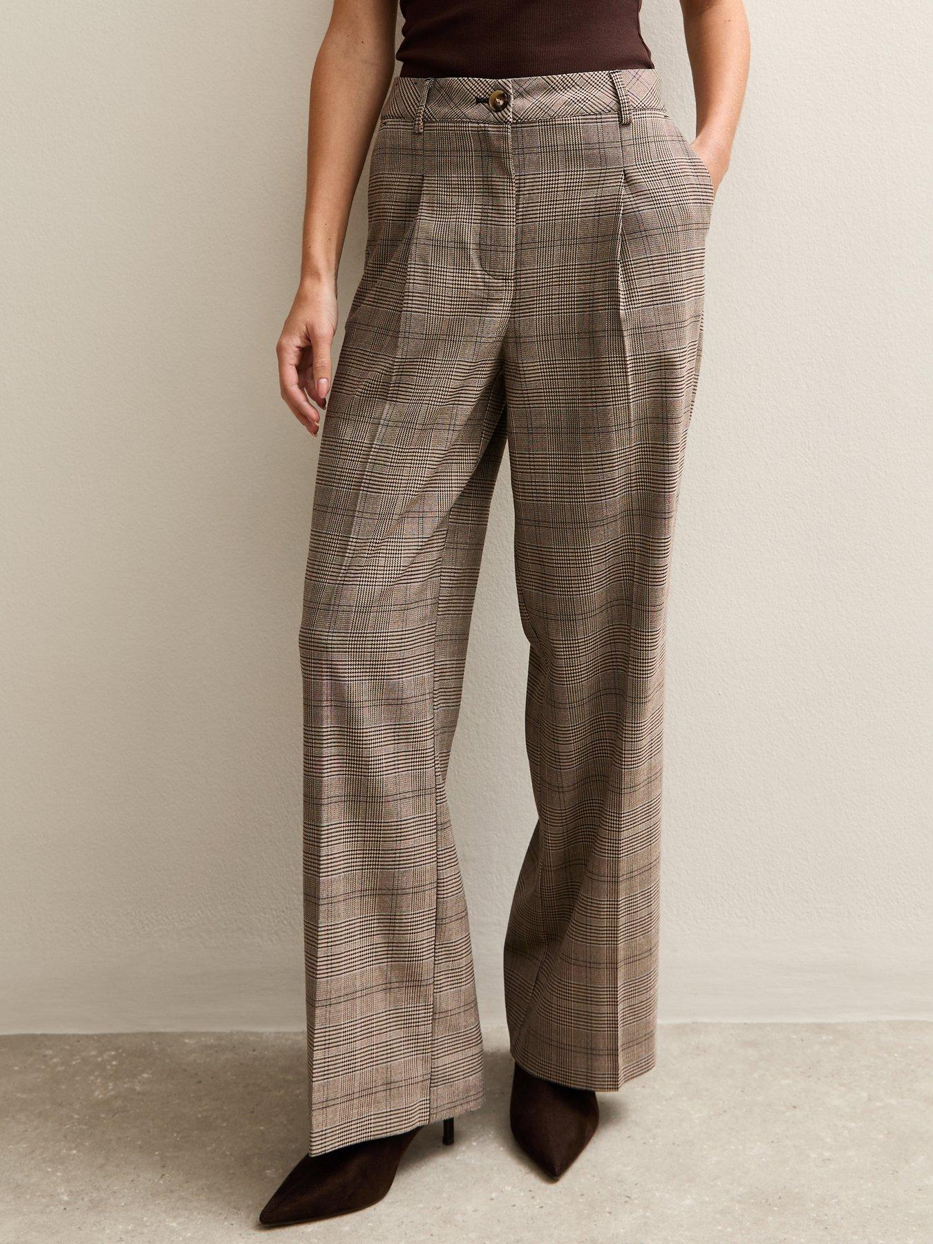 New Look Brown Checked Wide Leg Pleat Front Trousers