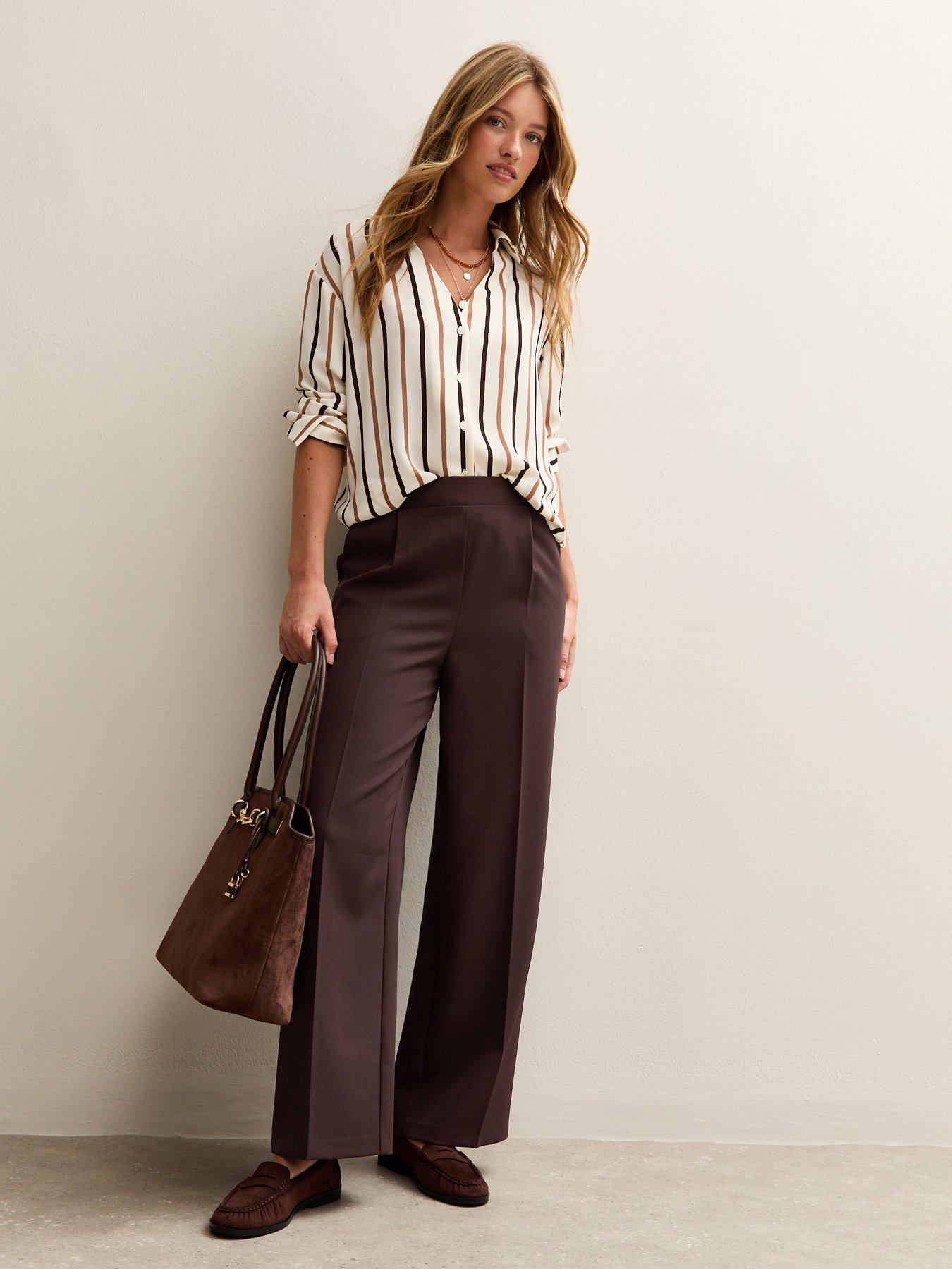 Image 1 of 5 of New Look Pull On Wide Leg Trousers - Brown