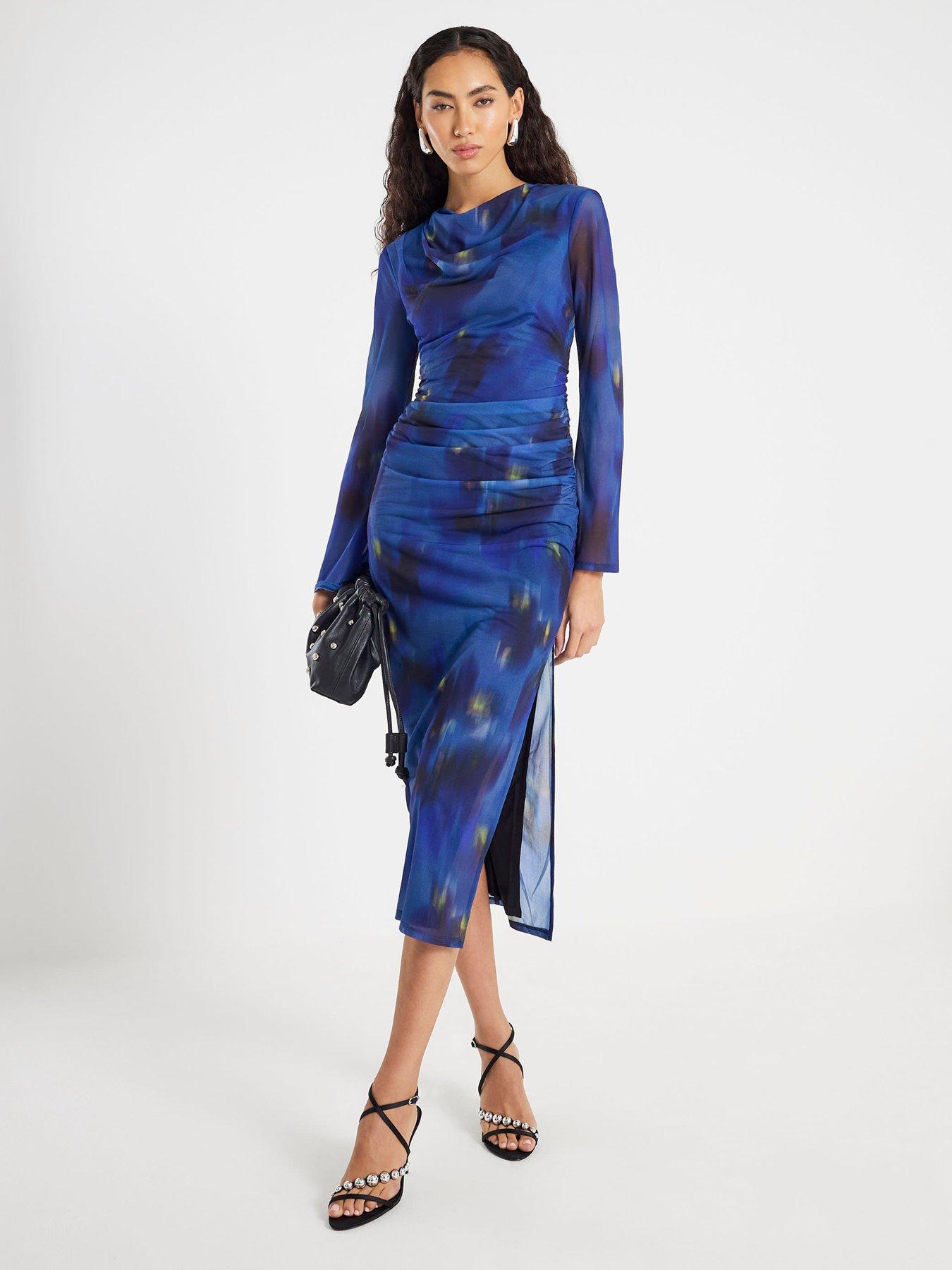 River Island Long Sleeve Swirl Print Midi Dress - Blue