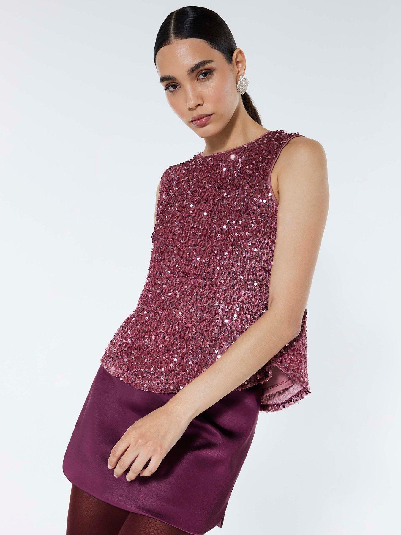 River Island Short Velvet Sequin Bow Back Top - Pink
