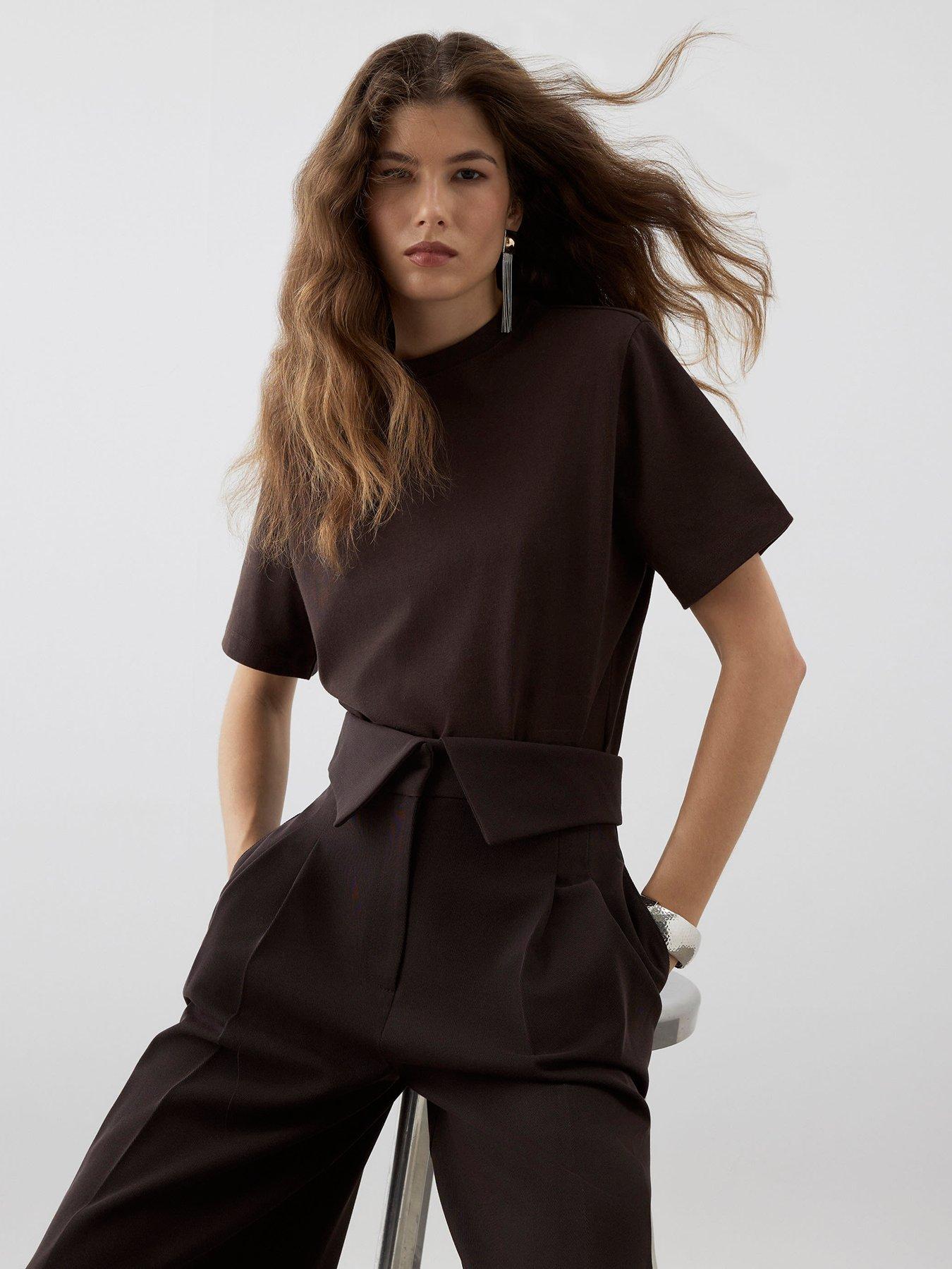 Image 1 of 3 of River Island Ri Studio Shoulder Pad Short Sleeve Body - Brown