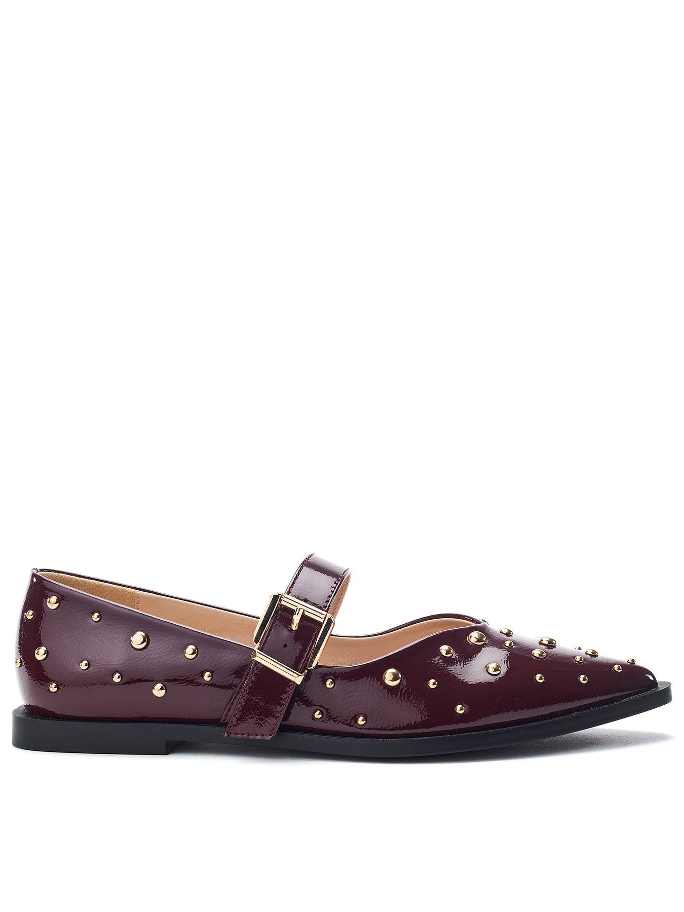 Moda In Pelle Flat Buckle Strap Mary Jane With Stud Trim- Burgundy