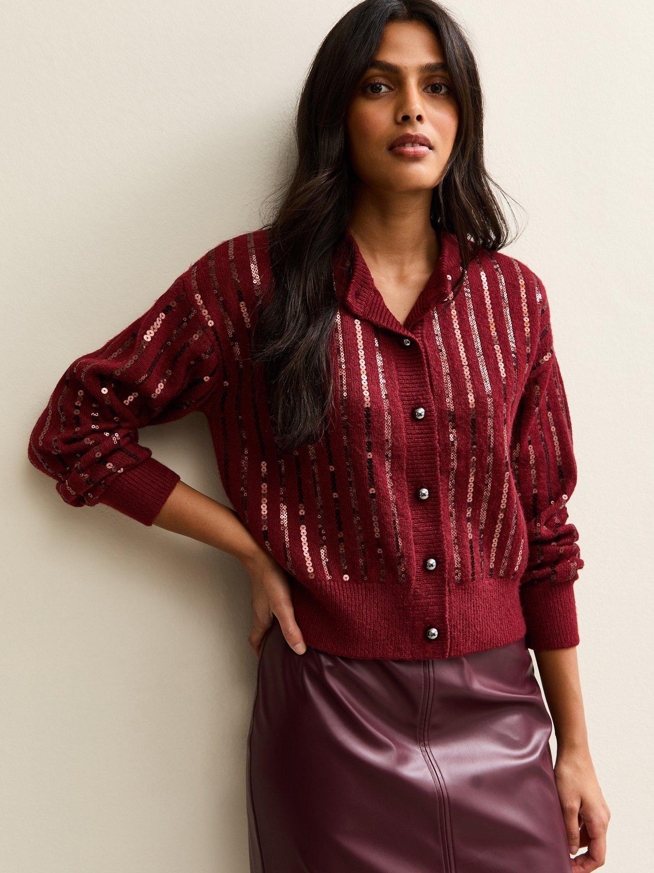 New Look Burgundy Sequin Embellished Cardigan