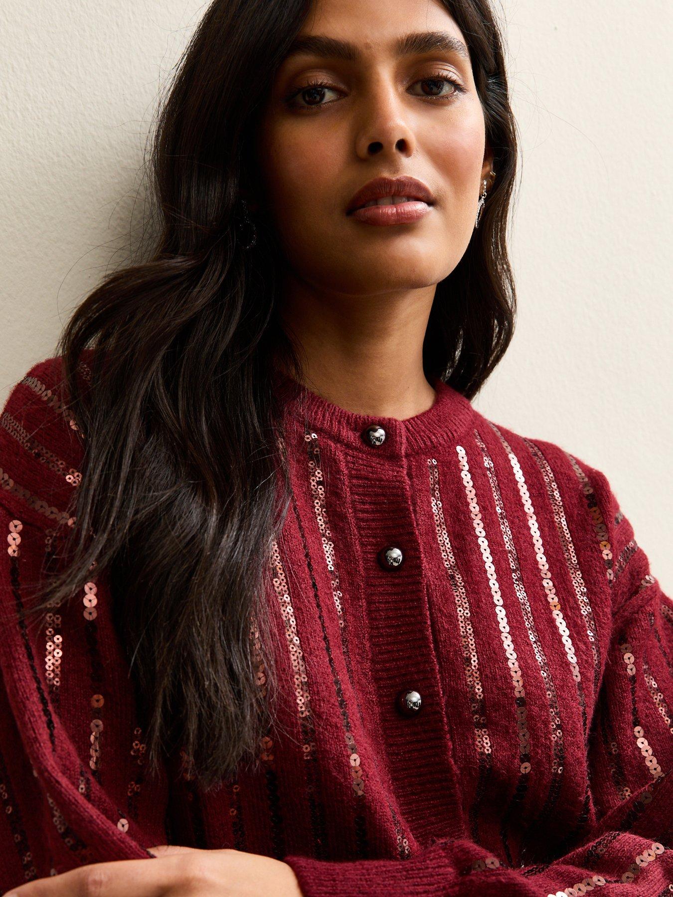 Image 4 of 5 of New Look Burgundy Sequin Embellished Cardigan