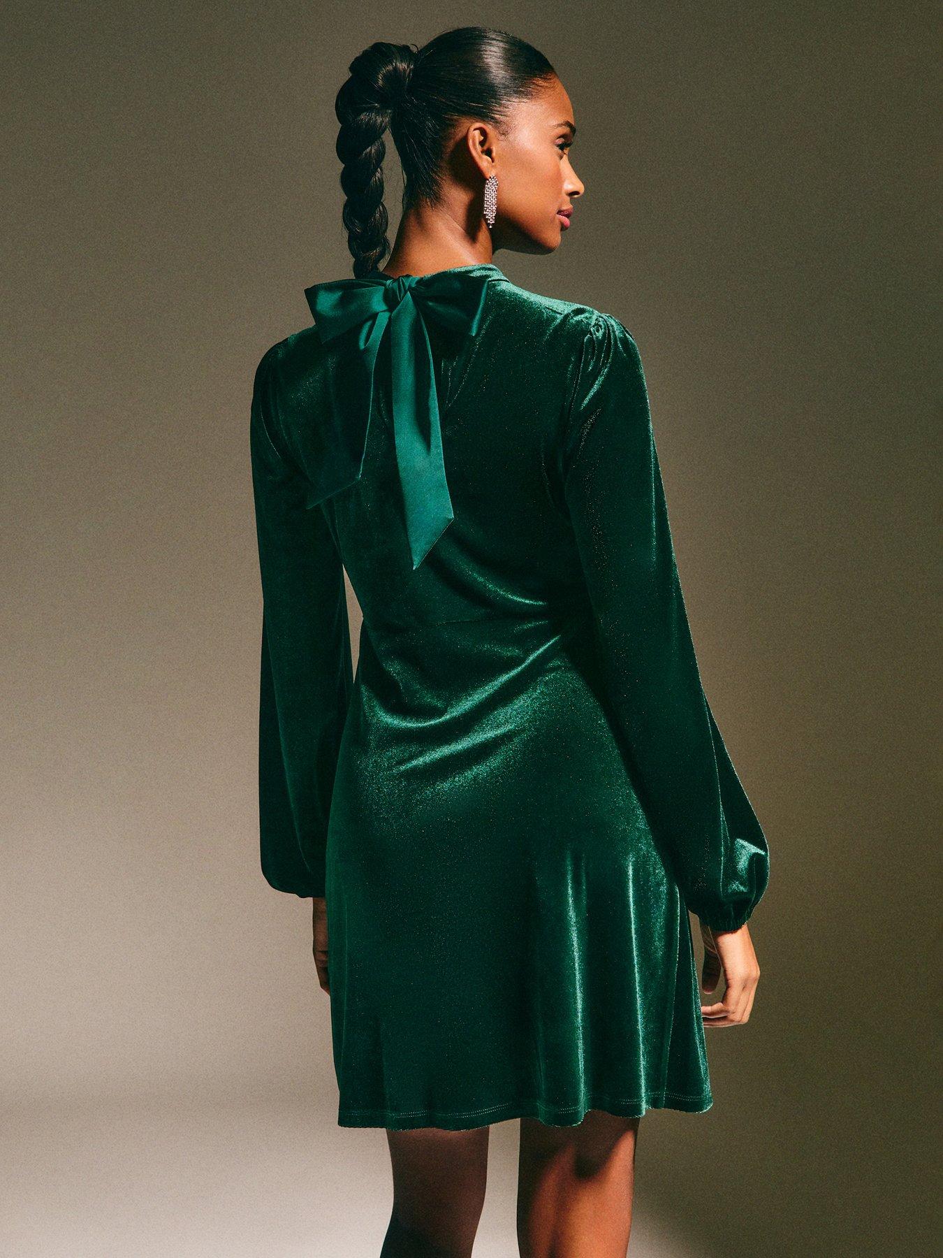 green emerald velvet dress Green Satin Long Sleeve Mini Dress main image 0