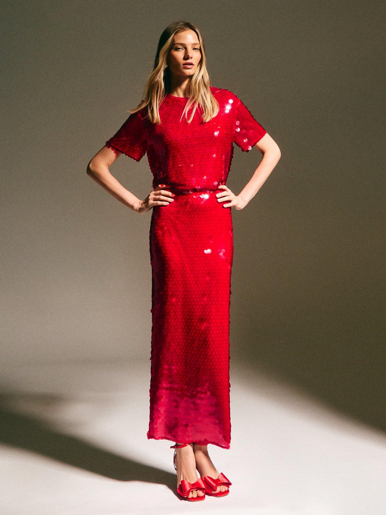 Image 1 of 5 of New Look Red Sequin Midi Skirt