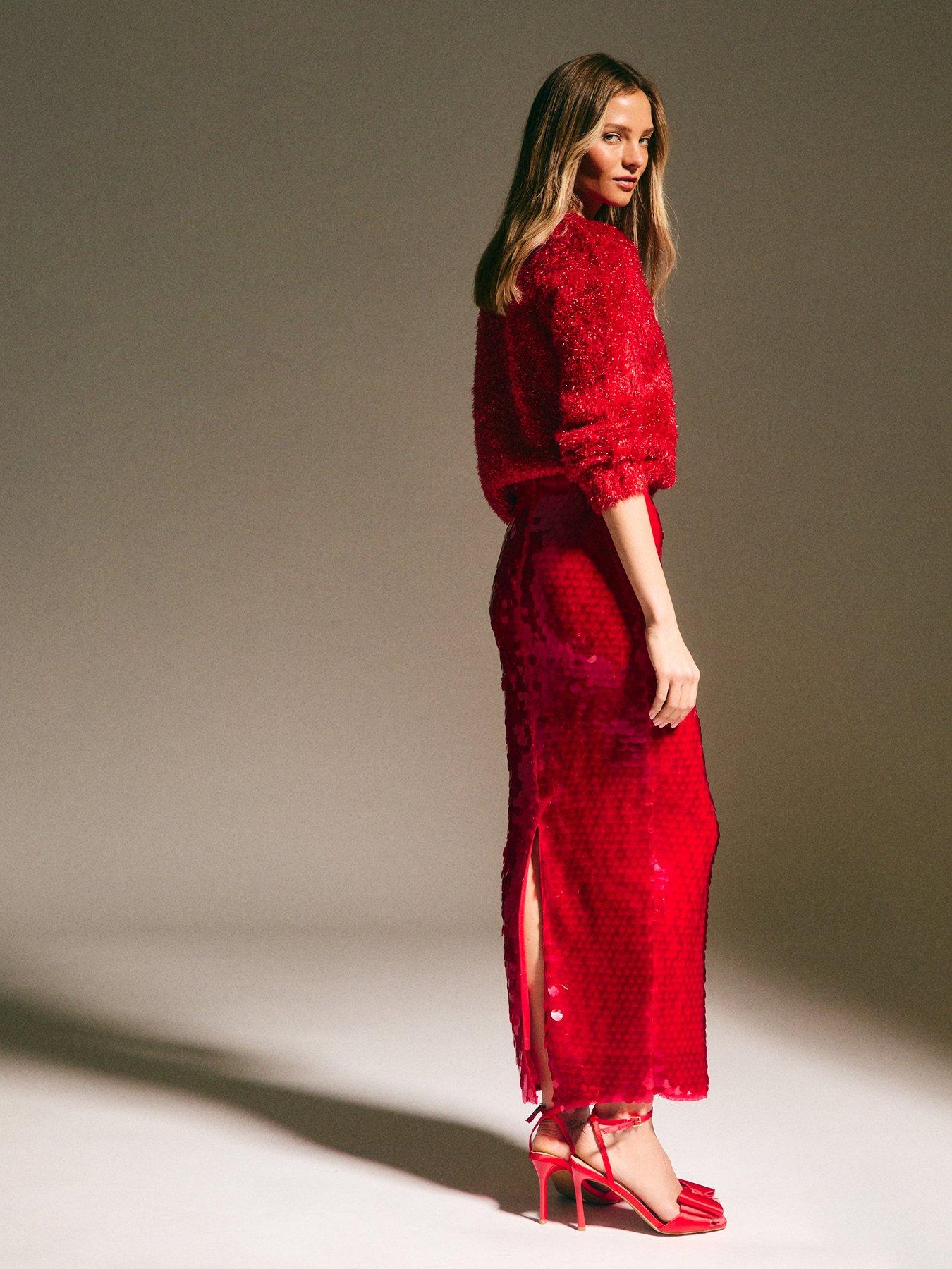 Image 2 of 5 of New Look Red Sequin Midi Skirt