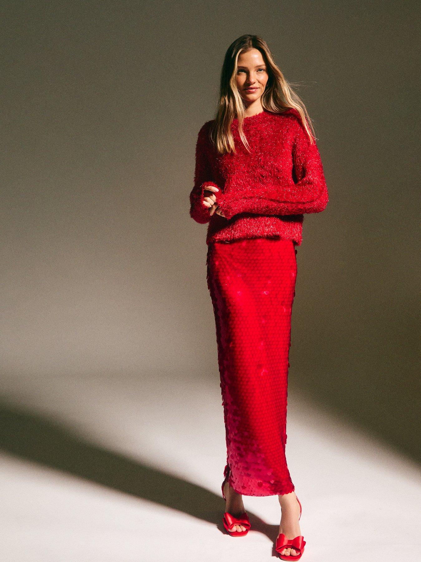 Image 3 of 5 of New Look Red Sequin Midi Skirt