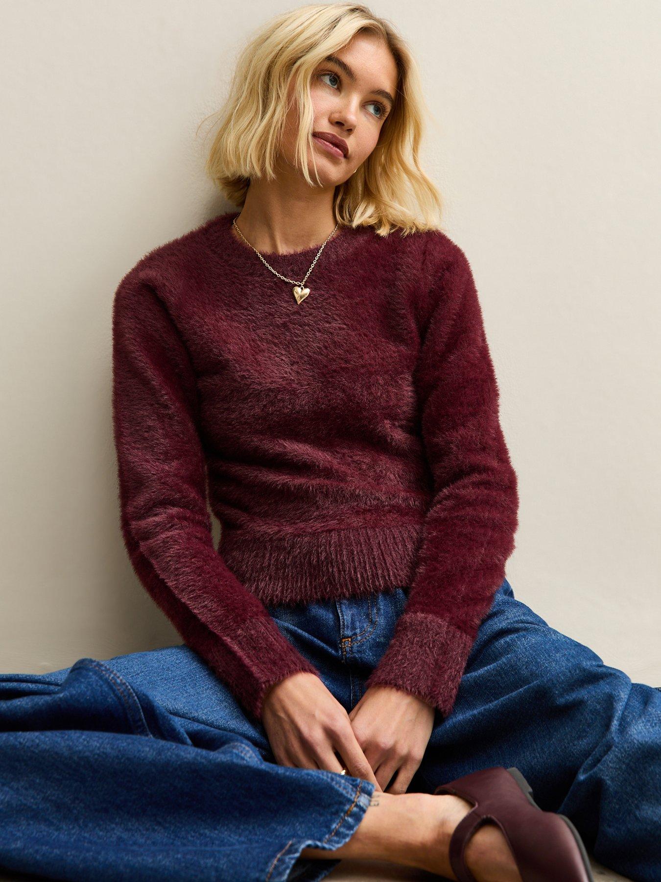 New Look Burgundy Fluffy Knit Crew Neck Jumper