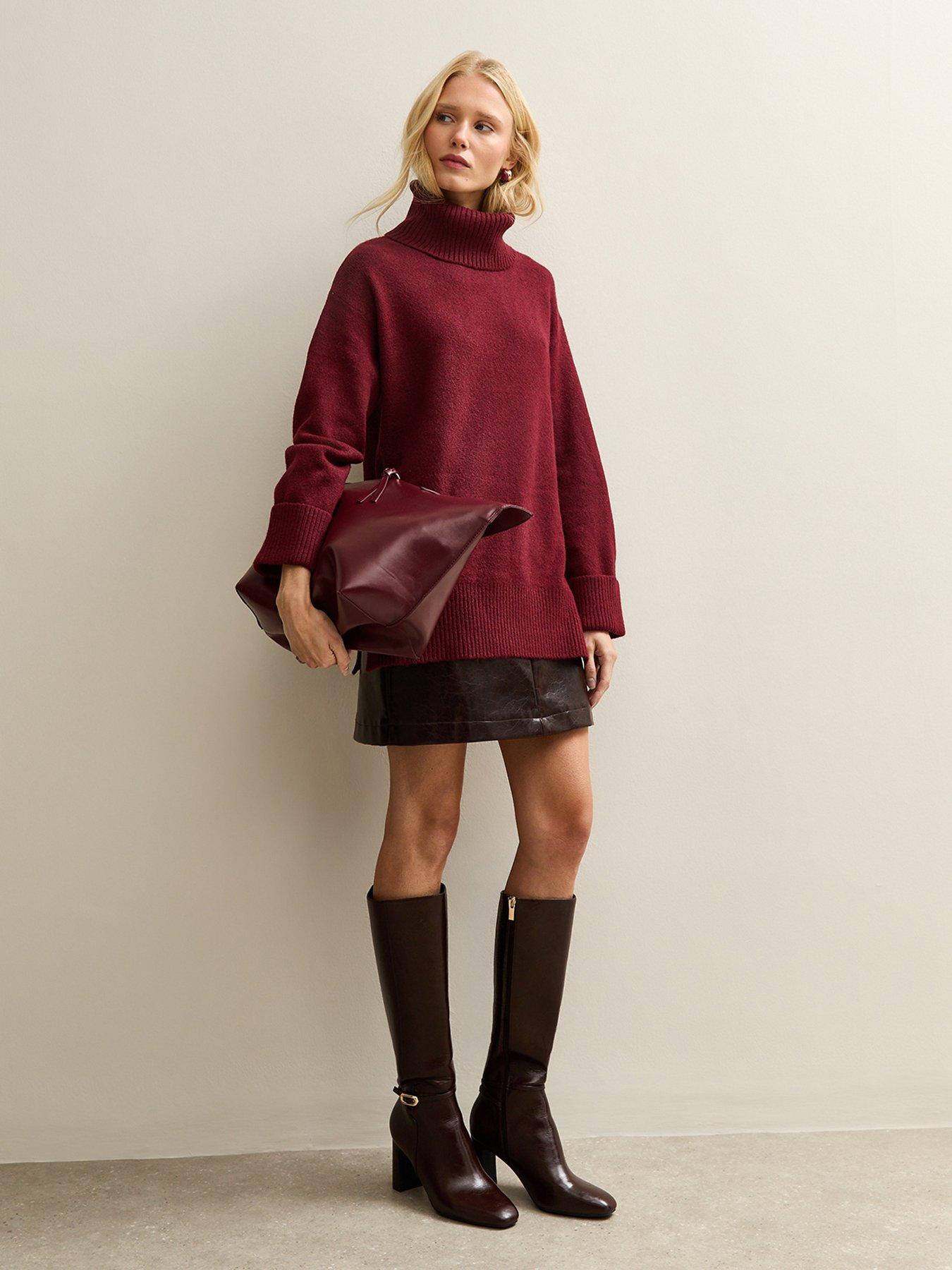new-look-dark-red-longline-roll-neck-jumper