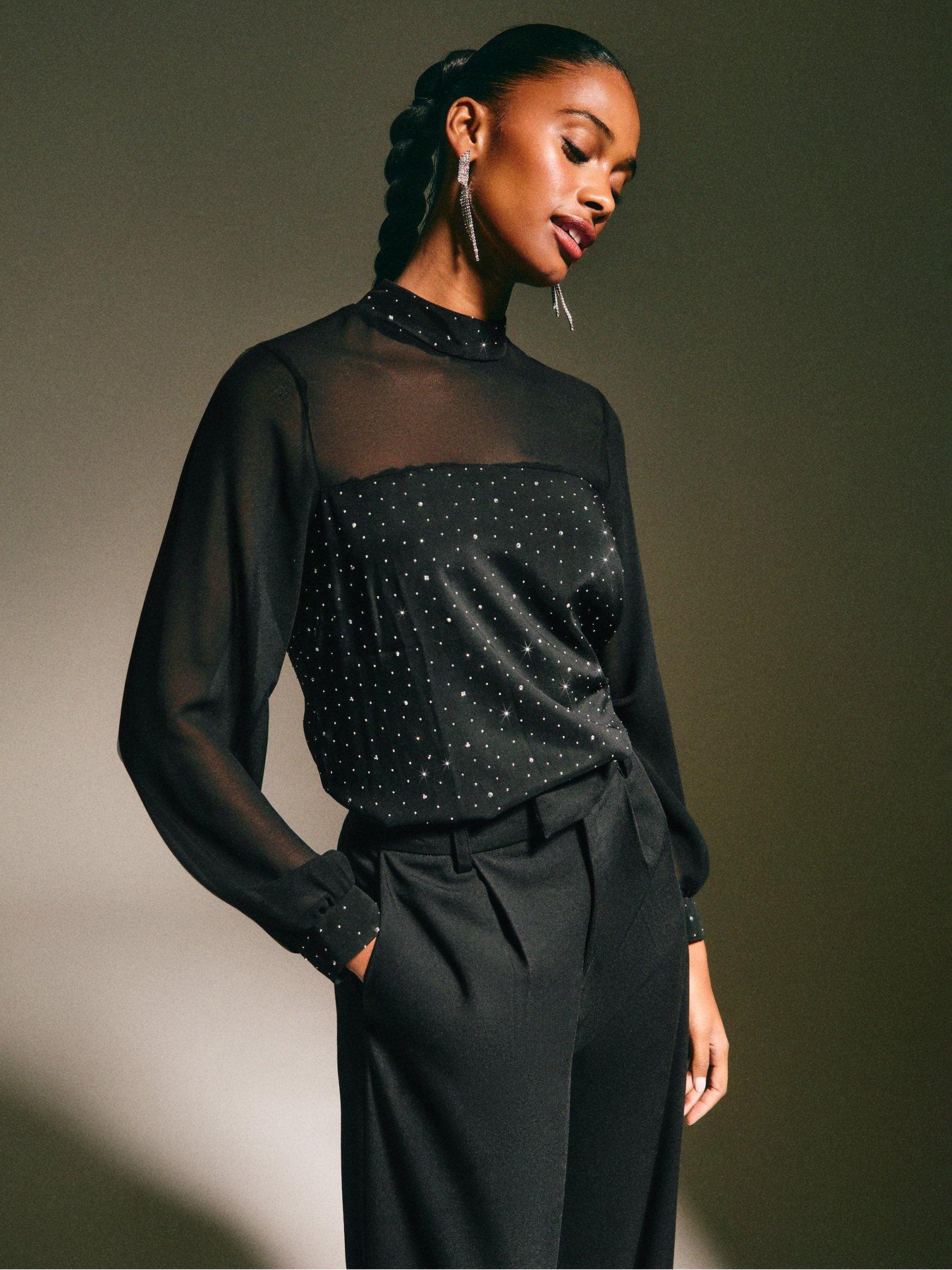 New Look Diamante Embellished Panelled Top - Black