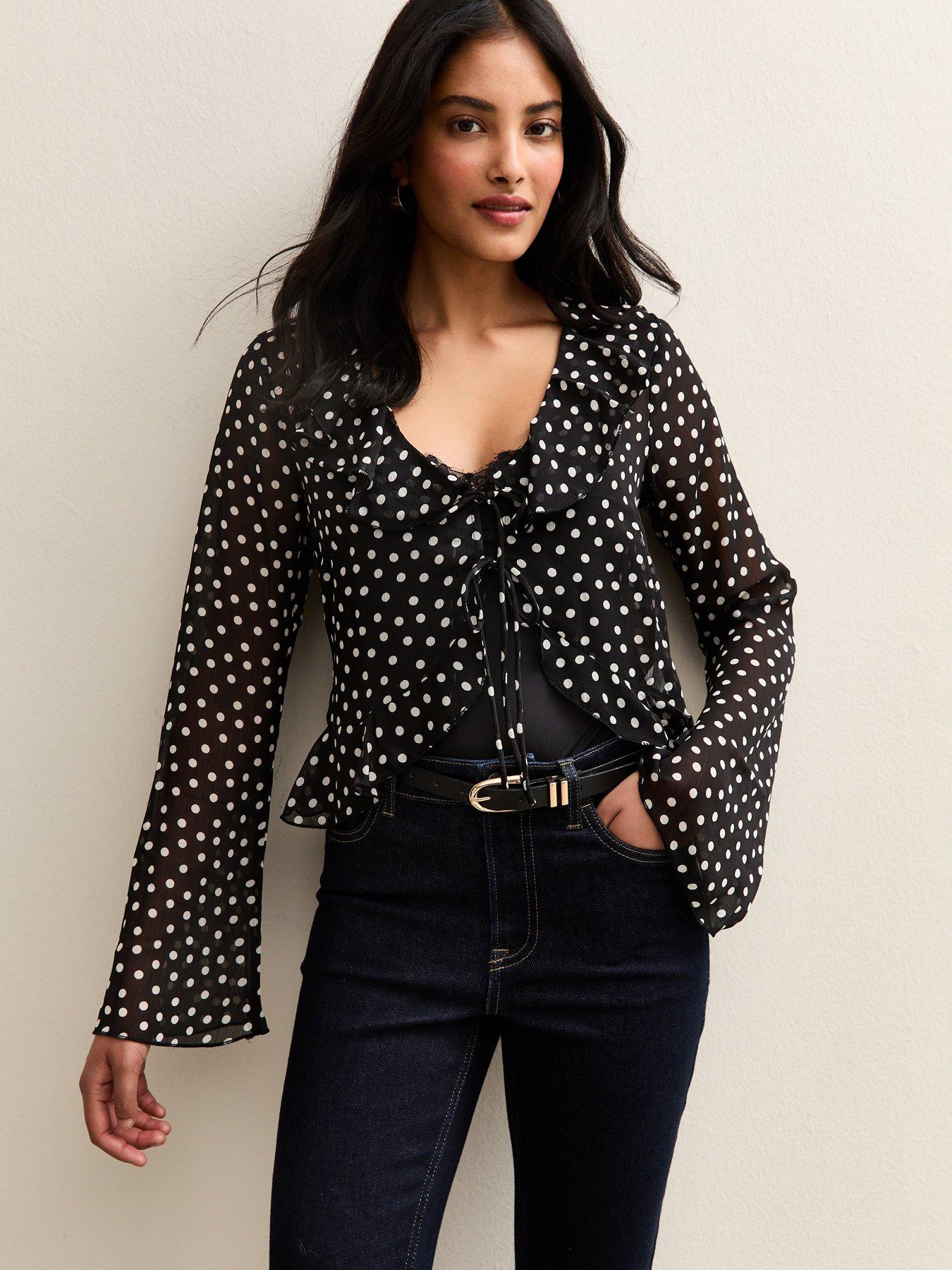Image 1 of 5 of New Look Black Polka Dot Chiffon Tie Front Blouse