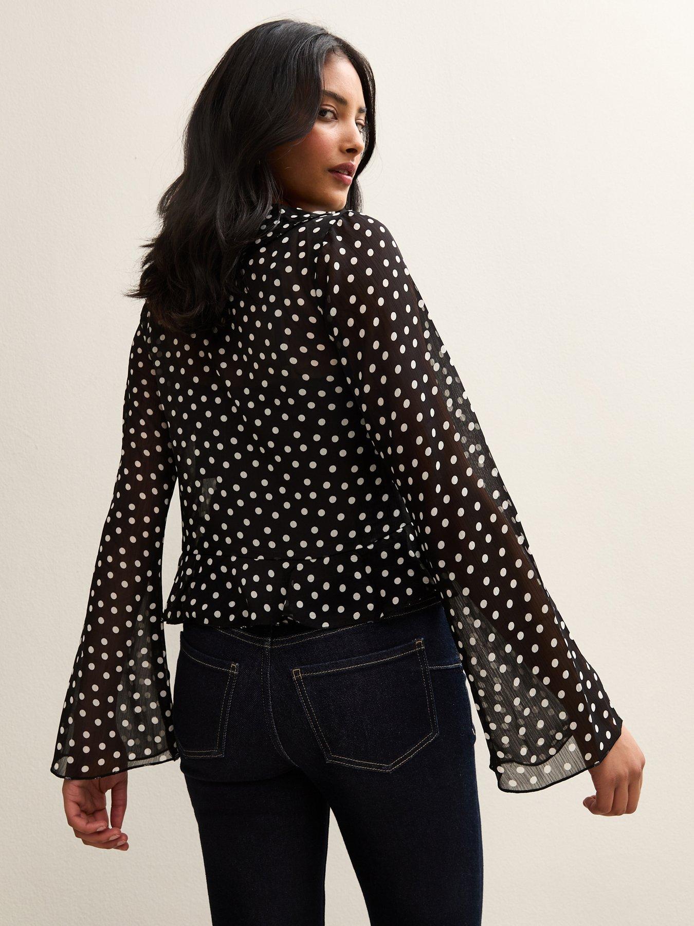 Image 2 of 5 of New Look Black Polka Dot Chiffon Tie Front Blouse