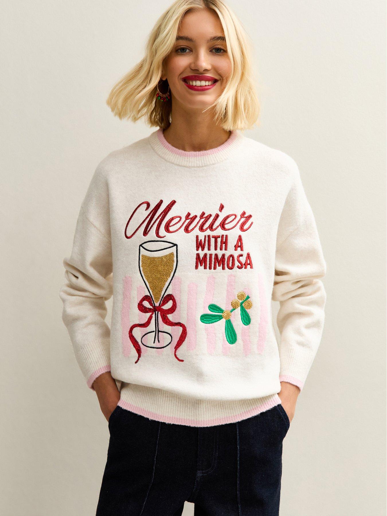 New Look Cream Embroidered Merry Mimosa Christmas Jumper