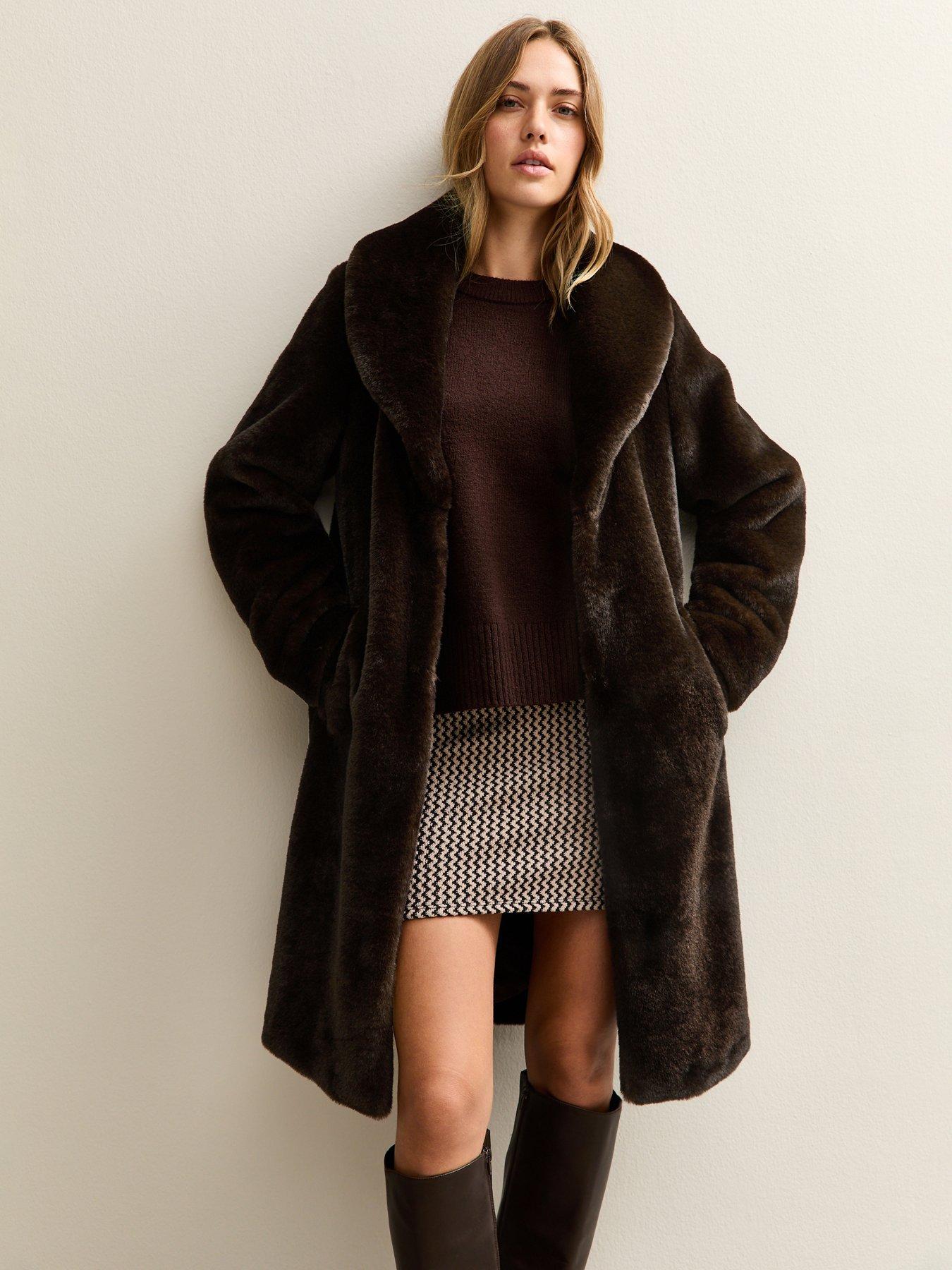 New Look Dark Brown Longline Faux Fur Coat