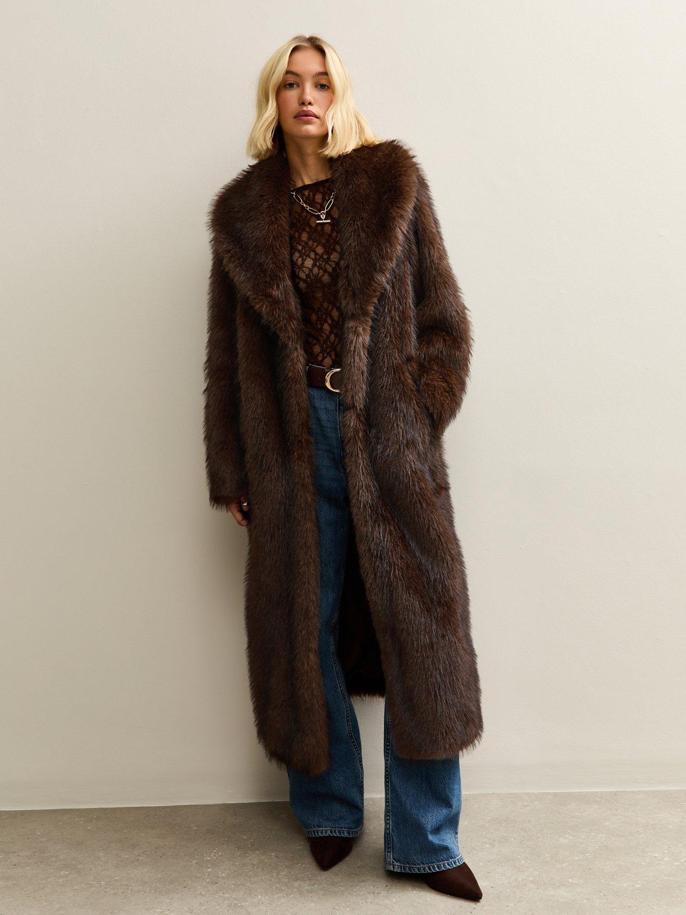 New Look Dark Brown Faux Fur Longline Coat