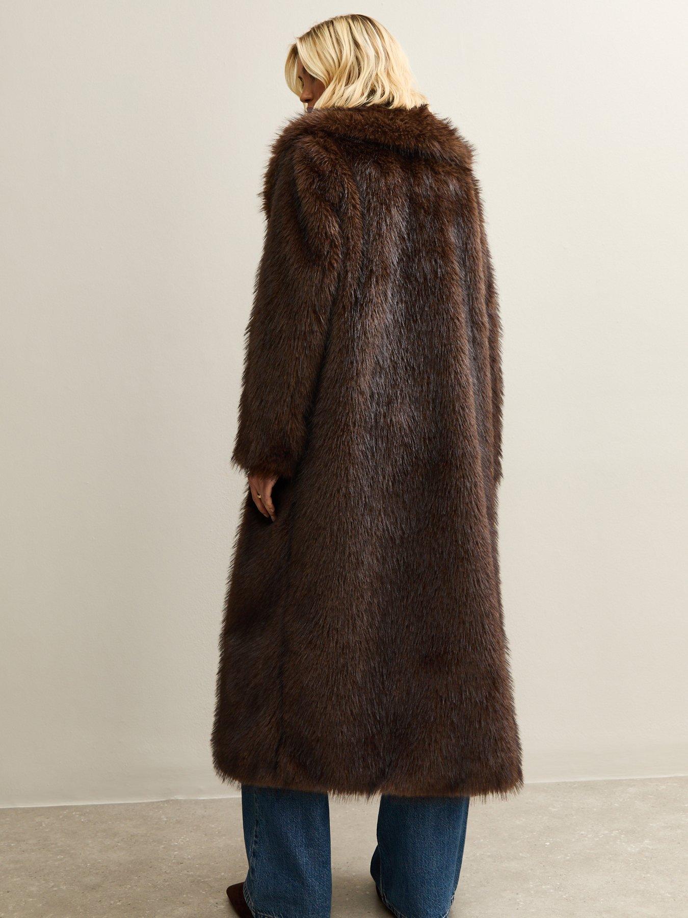 Image 2 of 6 of New Look Dark Brown Faux Fur Longline Coat