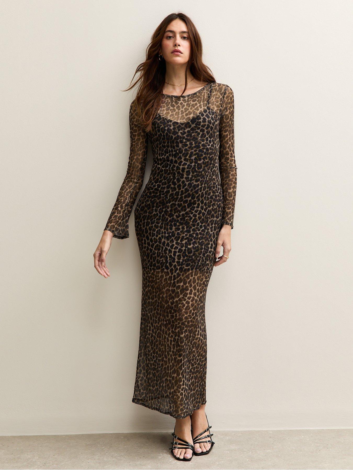 New Look Leopard Print Cowl Back Mesh Midi Dress - Brown