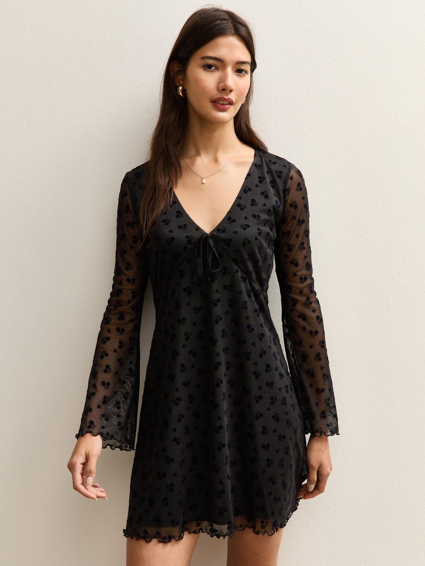 New Look Flocked Mesh Flared Sleeve Mini Dress - Black | Very Ireland