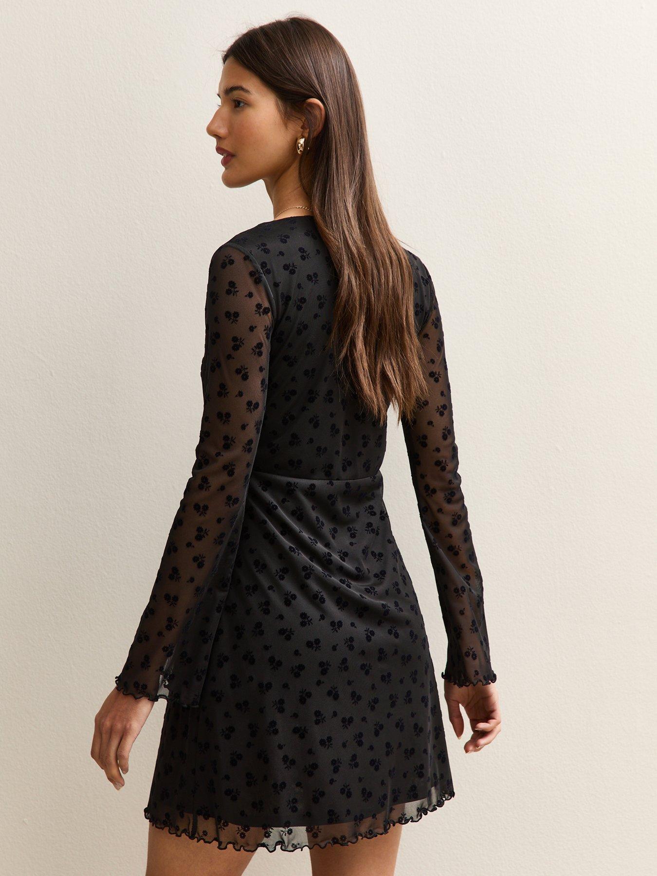 slim fit dress slacks Rosaleigh Flock Velour Mesh Flare Sleeve Mini Dress | Disturbia