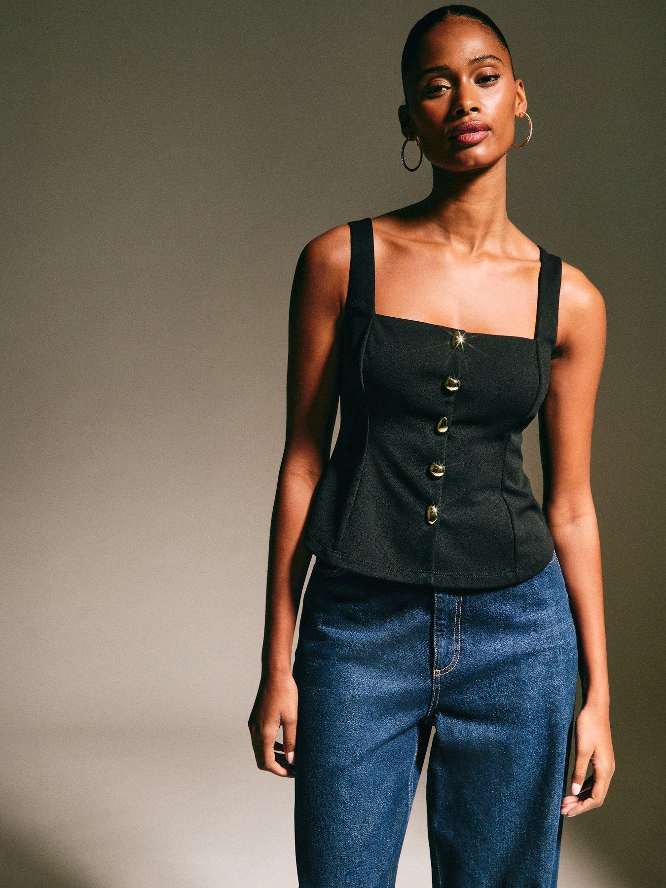 new-look-square-neck-button-up-top-black