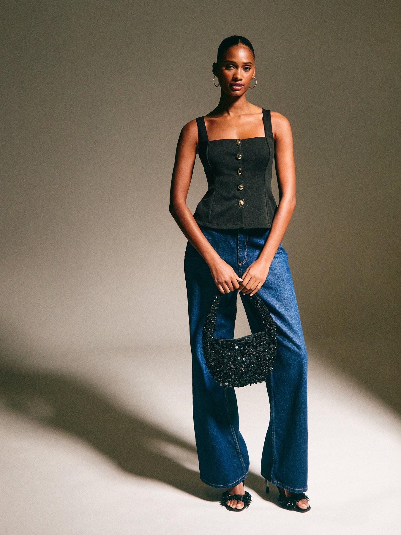 Image 3 of 5 of New Look Square Neck Button Up Top - Black