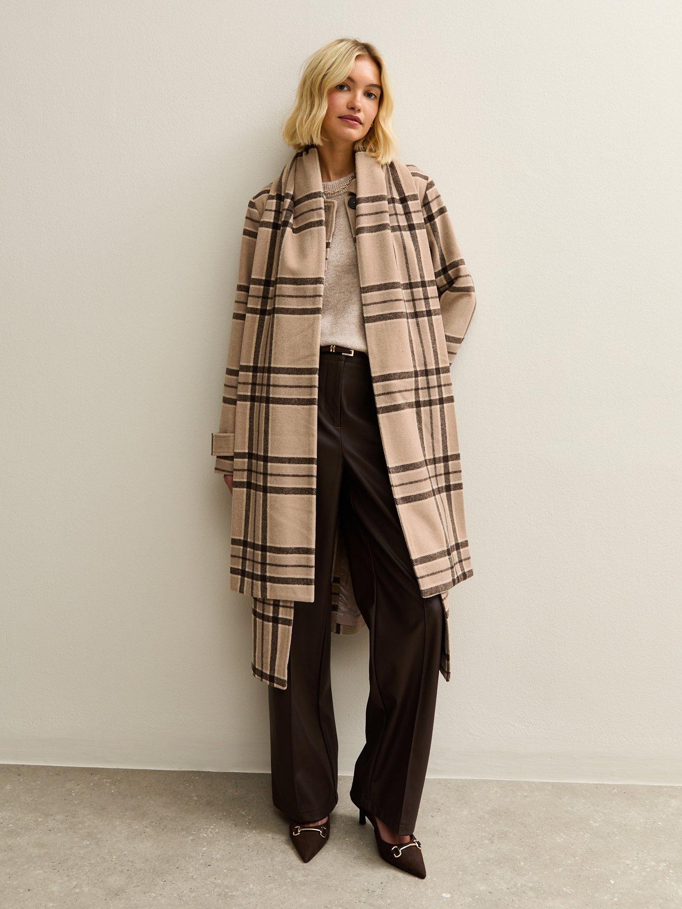 New Look Beige Checked Collared Jacket And Matching Scarf